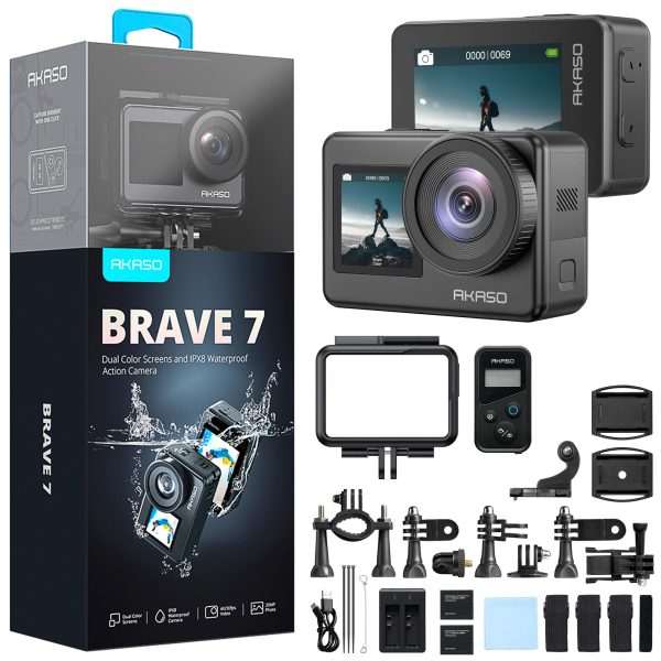 Akaso Brave 7 4K/30FPS 20MP Wi-Fi Dual Screen Aksiyon Kamera ve Aksesuar Seti, App Kontrollü, IPX8