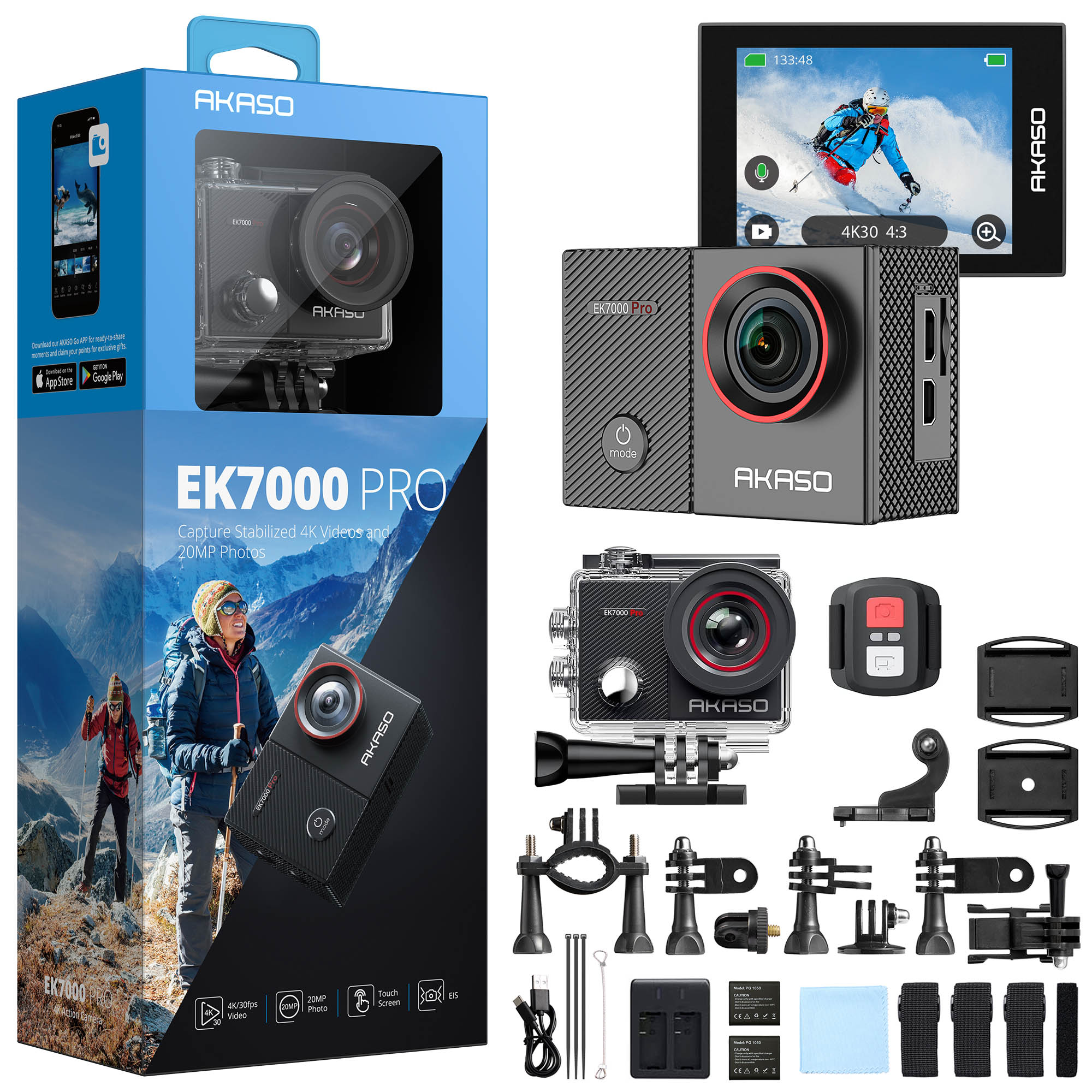 Akaso EK7000 Pro 4K/30 FPS 20MP Wi-Fi Aksiyon Kamera ve Aksesuar Seti, Su Geçirmez Kılıf, App Kontrollü