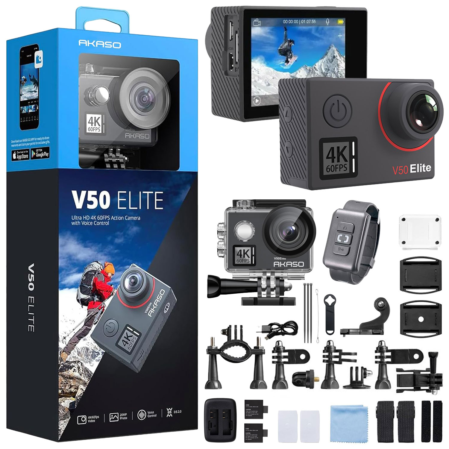 Akaso V50 Elite 4K/60FPS 20MP Wi-Fi Aksiyon Kamera ve Aksesuar Seti, Su Geçirmez Kılıf, App Kontrollü