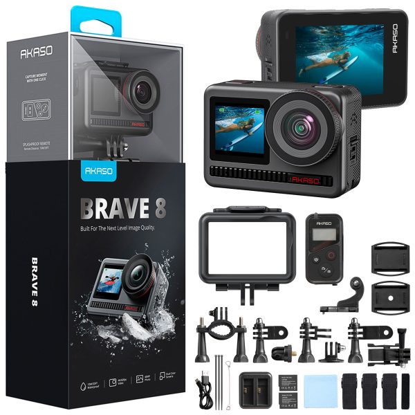 Akaso Brave 8 4K/60FPS 48MP Wi-Fi Dual Screen Aksiyon Kamera ve Aksesuar Seti, App Kontrollü, IPX8