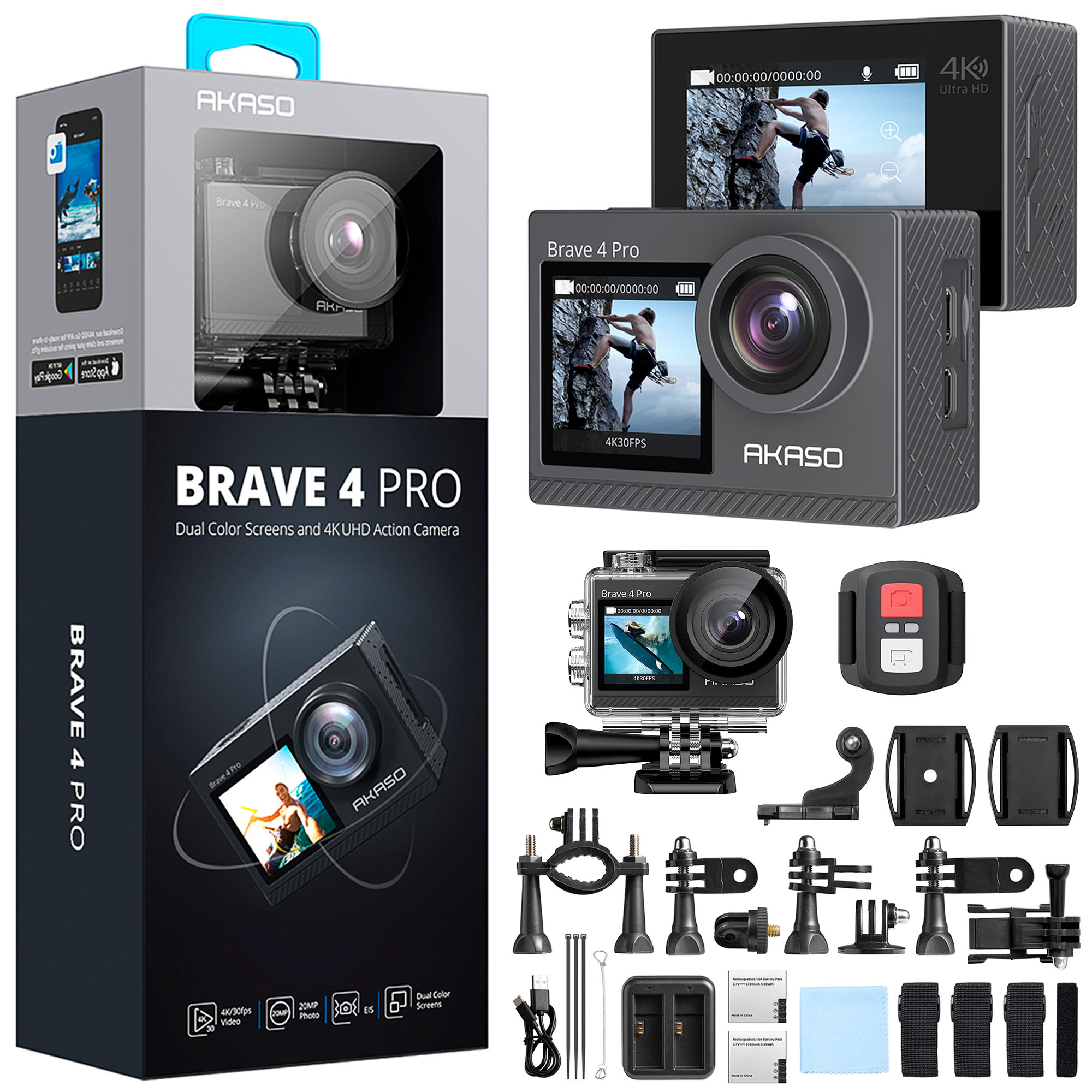 Akaso Brave 4 Pro 4K/30FPS 20MP Wi-Fi Dual Screen Aksiyon Kamera ve Aksesuar Seti, Su Geçirmez Kılıf, App Kontrollü
