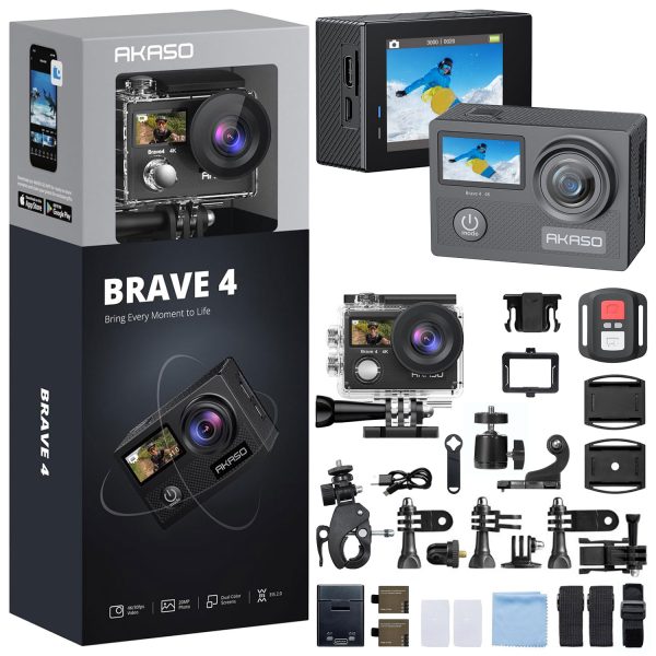 Akaso Brave 4 4K/30FPS 20MP Wi-Fi Aksiyon Kamera ve Aksesuar Seti, Su Geçirmez Kılıf, App Kontrollü
