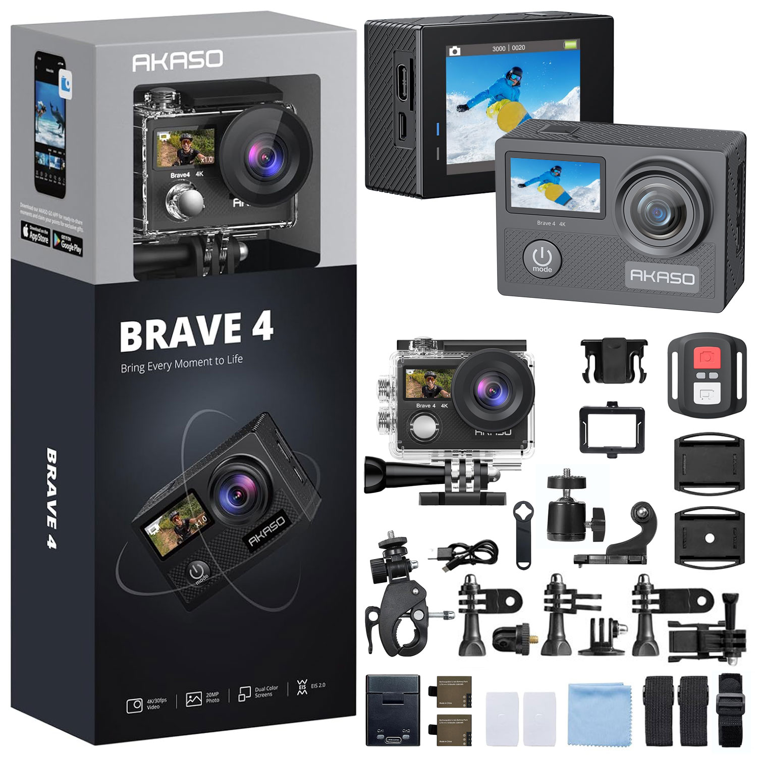 Akaso Brave 4 4K/30FPS 20MP Wi-Fi Aksiyon Kamera ve Aksesuar Seti, Su Geçirmez Kılıf, App Kontrollü